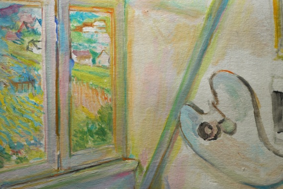 1958 Aus dem Fenster in Hambach mit Palette 39x50